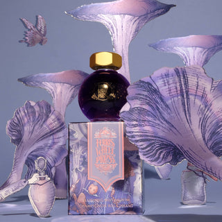 Blushing Mushroom Fountain Pen Inks - 20ml Bottled | Ferris Wheel Press bottle with whimsical mushroom and butterfly artwork by ferris wheel press