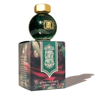 Cloak and Forest Fountain Pen Inks - 20ml Bottled | Ferris Wheel Press green ink bottle with gold cap and decorative box by ferris wheel press