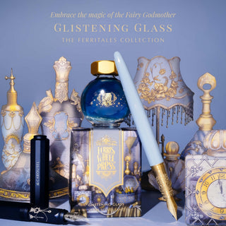 Glistening Glass Fountain Pen Inks - 20ml Bottled | Ferris Wheel Press bottle with pen and decorative vintage background scene