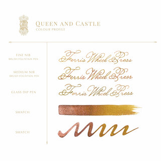 Elegant calligraphy samples and color swatches showcasing Queen and Castle Fountain Pen Inks - 20ml Bottled | Ferris Wheel Press by ferris wheel press