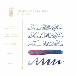 Tears of Sapphire Fountain Pen Inks - 20ml Bottled | Ferris Wheel Press ink samples in various calligraphy styles and swatches.
