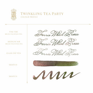 Calligraphy samples and ink swatches showcasing Twinkling Tea Party Fountain Pen Inks - 20ml Bottled | Ferris Wheel Press.