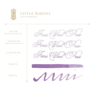 Little Robinia | 85ml Ink | Ferris Wheel Press purple ink swatch with calligraphy and brush strokes detail
