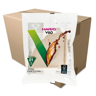 HARIO V60-01 (100 Pack) white paper coffee filters with 01 size packaging in front of brown box