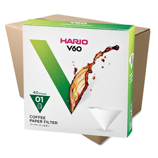 HARIO V60-01 (40 Pack) brown paper coffee filters displayed with splashing brewed coffee design on packaging