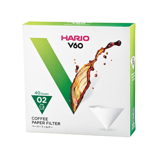 HARIO V60-02 (40 Pack) coffee paper filters box with branding and coffee splash graphic design