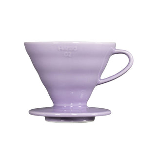 HARIO V60-02 Ceramic Dripper in pastel purple porcelain with ergonomic handle and conical shape