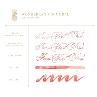 Wonderland in Coral | 38ml Ink | Ferris Wheel Press coral ink strokes and elegant calligraphy samples