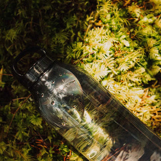 KINTO WATER Bottle 950ml transparent copolyester tumbler with handle resting on green foliage