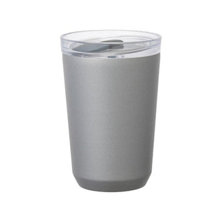KINTO To Go Tumbler (with plug) 360ml in matte gray stainless steel with clear lid, side view