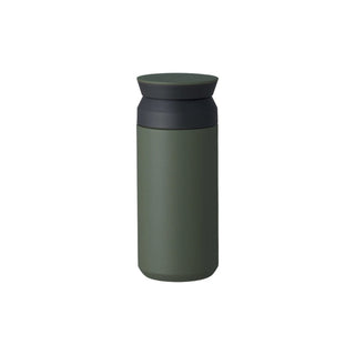 KINTO Travel Tumbler 350ml in matte green stainless steel with black lid, slim and portable design