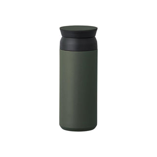 KINTO Travel Tumbler 500ml in matte green stainless steel with black lid, slim and portable design