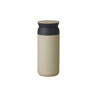 KINTO Travel Tumbler 350ml in beige stainless steel with black lid shown from front angle