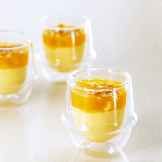 KINTO KRONOS Double Wall Espresso Cup 80ml holding layered dessert with clear heat-resistant glass design
