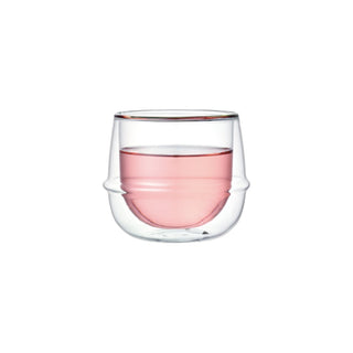 KINTO KRONOS Double Wall Wine Glass 250ml with clear heat-resistant glass holding pink liquid