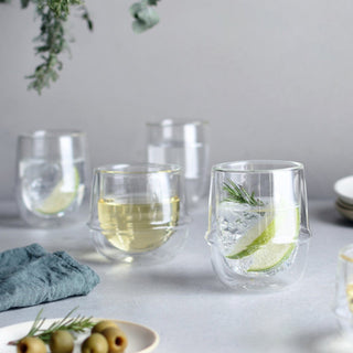 KINTO KRONOS Double Wall Wine Glass 250ml showing clear heat resistant glass with drink and ice close-up