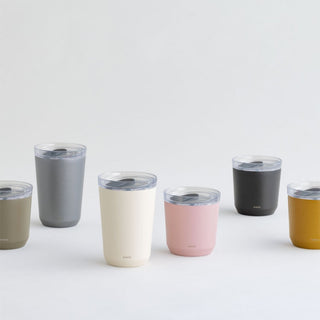 KINTO To Go Tumbler (with plug) 360ml in assorted muted colors with clear lids on white background