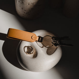 Orbitkey Loop Keychain in tan nappa leather with stainless steel ring holding multiple keys