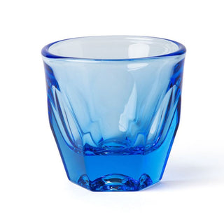 notNeutral VERO Cappuccino Glass 6oz in blue glass with thick base and faceted design
