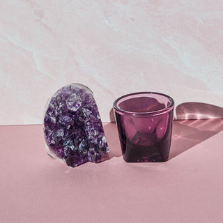 notNeutral VERO Espresso Glass 3oz in deep purple with thick glass and squared shape on pink surface