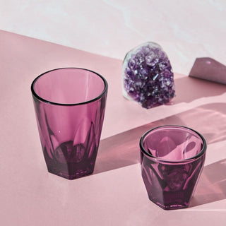 notNeutral VERO Latte Glass 12oz in purple thick glass with faceted texture on pink background