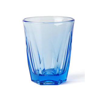 notNeutral VERO Latte Glass 12oz with textured blue glass and faceted design from a side angle