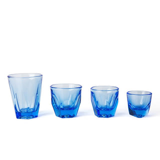 notNeutral VERO Cappuccino Glass 6oz in blue thick glass with geometric textured design set of four