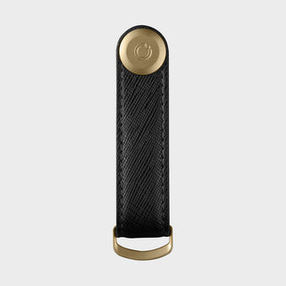 Orbitkey Saffiano Leather Key Organiser in black with textured leather and brass hardware details