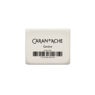 Caran d'Ache School Pencil Eraser in white with black printed branding and barcode on smooth surface
