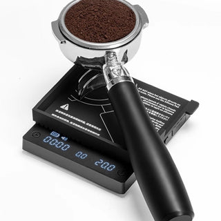 Timemore Black Mirror Mini Coffee Scale in black with digital display weighing fresh coffee grounds