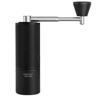 Timemore Chestnut C3 ESP PRO Grinder showing textured black aluminum body with stainless steel handle and knob