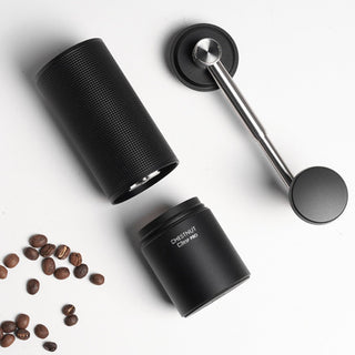 Timemore Chestnut C3 ESP PRO Grinder disassembled showing black aluminum alloy body and stainless steel handle