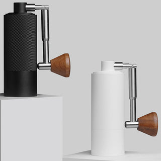 Timemore Chestnut Nano 3 Grinder in black and white with wooden handle and metal crank side view