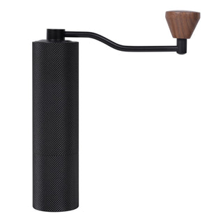 Timemore Chestnut Slim 3 Grinder with textured black aluminum body and walnut handle knob viewed from side angle