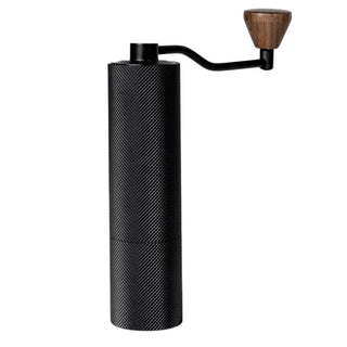 Timemore Chestnut Slim 3 Grinder with textured black aluminum body and wooden handle knob side view