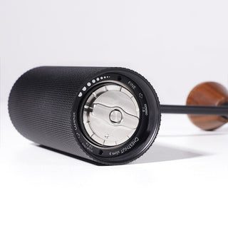 Timemore Chestnut Slim 3 Grinder showing textured aluminum body and stainless steel burr adjustment dial close-up