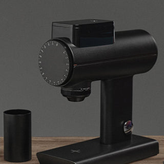 TIMEMORE Sculptor 078 Brew Grinder (120V) in matte black with dial and compact design on wooden surface