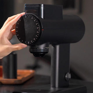 TIMEMORE Sculptor 078 Brew Grinder (120V) in matte black with adjustable grind setting dial close-up