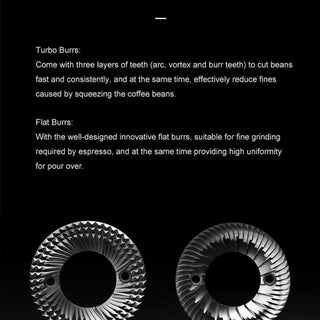 TIMEMORE Sculptor 078 Brew Grinder (120V) showing detailed stainless steel turbo and flat burrs for precise grinding
