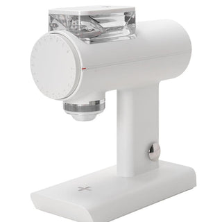 TIMEMORE Sculptor 078 Brew Grinder (120V) in white with aluminum body and clear bean hopper viewed from side angle
