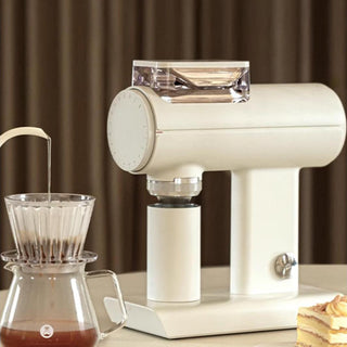 TIMEMORE Sculptor 078 Brew Grinder (120V) in cream with clear hopper and modern compact design