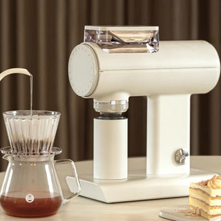 Timemore Sculptor 078S All-Purpose Grinder (120V) in cream with clear bean hopper and cylindrical base