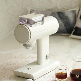 TIMEMORE Sculptor 078 Brew Grinder (120V) in white with clear bean hopper and adjustable dial side view