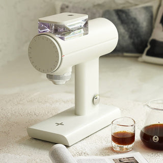 Timemore Sculptor 078S All-Purpose Grinder (120V) in white with stepless grind adjustment dial and clear hopper