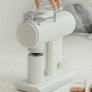 Timemore Sculptor 078S All-Purpose Grinder (120V) in white with clear bean hopper and cylindrical container