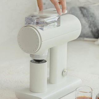 TIMEMORE Sculptor 078 Brew Grinder (120V) in white with clear bean hopper and dial adjustment